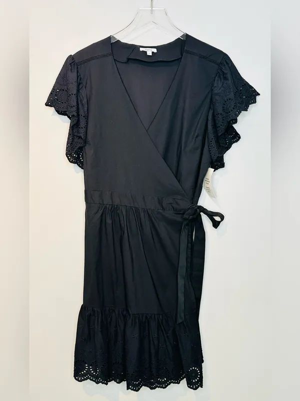 Maette Black Eyelet Cotton Poplin Wrap Mini Dress NWT - Image 11