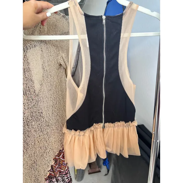 vintage Peplum Top Mesh Panel Tulle Ruffle Sleeveless Black Tan Angel Biba - Image 3