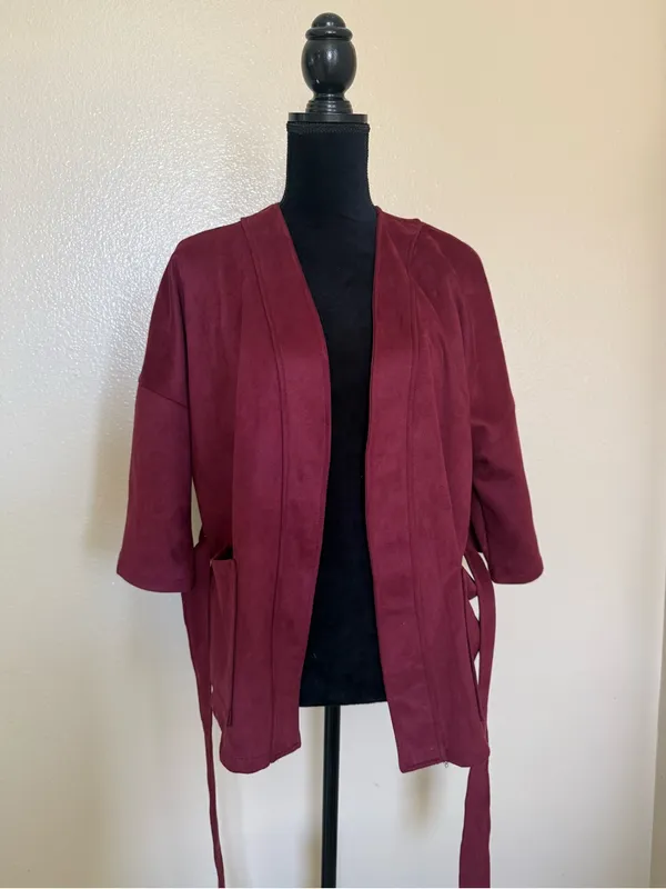 Classic Concepts Burgundy Faux Suede Belted Jacket Cardigan Medium - Image 5