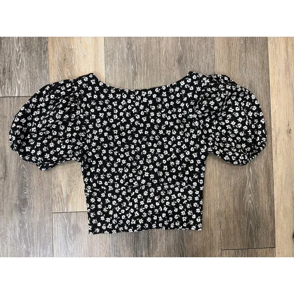 Free People Black White Floral Puff Sleeve Crop Top Womens Small Cottagecore - Image 7
