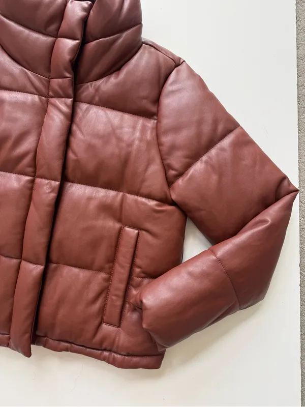 Abercrombie & Fitch Vegan Leather Mini Puffer Coat - Size Large - Cognac - Image 5