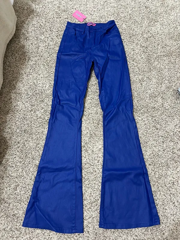 NWT Edikted blue faux leather flare jeans - Image 3