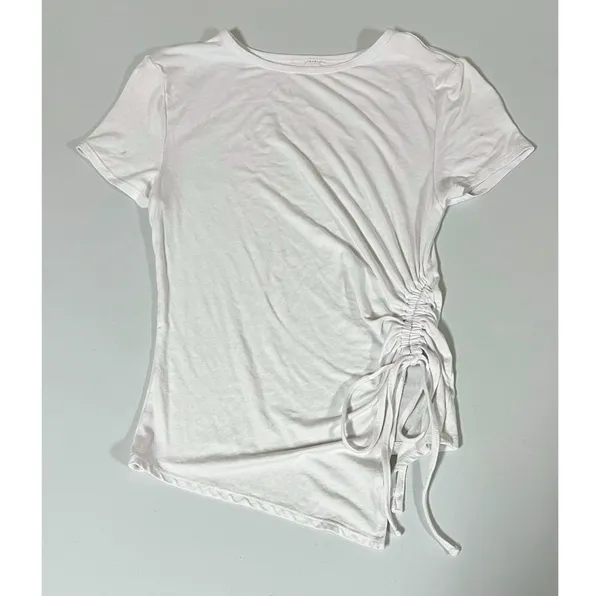 White Solid Crewneck Ruched Short Sleeve Shirt Top Blouse Tee Size S 🤍 - Image 2