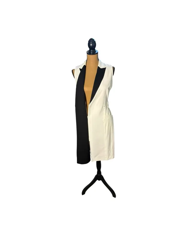 Calvin Klein Size 2 Tuxedo Wrap Dress Black White Belted Sleeveless Workwear - Image 4