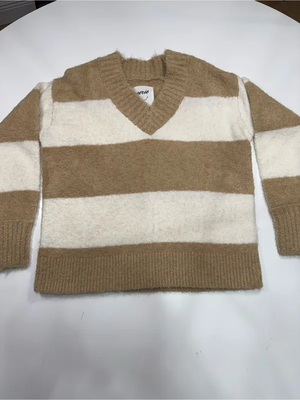 aerie Wide-Striped V-Neck Sweater in Cream and Tan - Image 2
