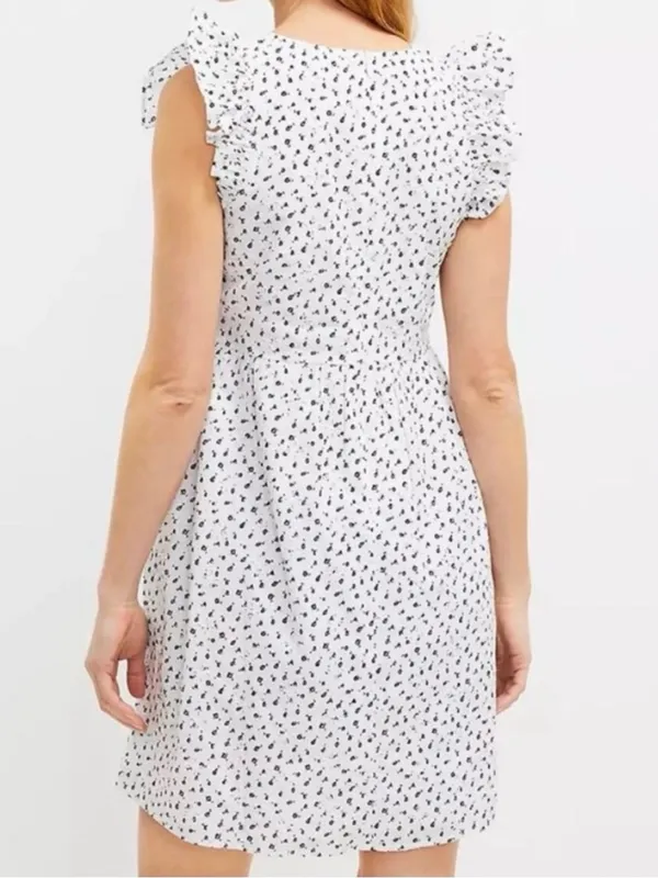 LOFT NWT White Mini Dress with Black Floral Print size 6 v-neck, ruffle sleeves - Image 2