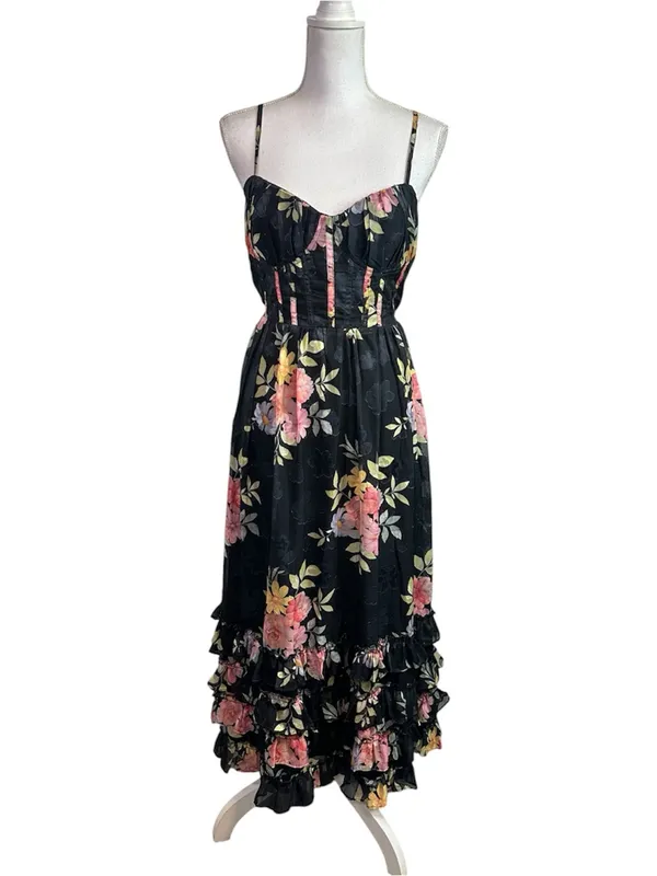 Lulus Elegant Radiance Classic Black Floral Print Ruffled Bustier Midi Dress M - Image 2