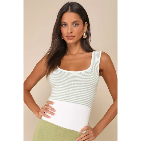 NWT Lulus Easily Gorgeous Ivory and Sage Striped Midi Sweater Dress Casual Sz XL - Image 8