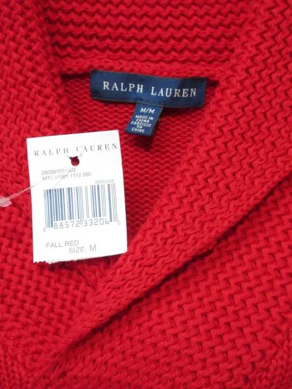 NWT Polo Ralph Lauren Cotton V-neck Shawl Collar Sweater in Fall Red Pullover M - Image 7