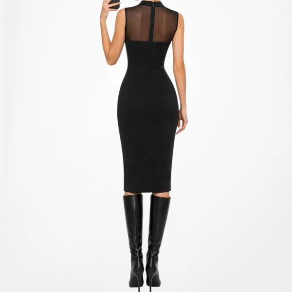 Vintage Y2K Black Sleeveless Bow Tie Knee Length Mesh Bodycon Cocktail Dress M - Image 3