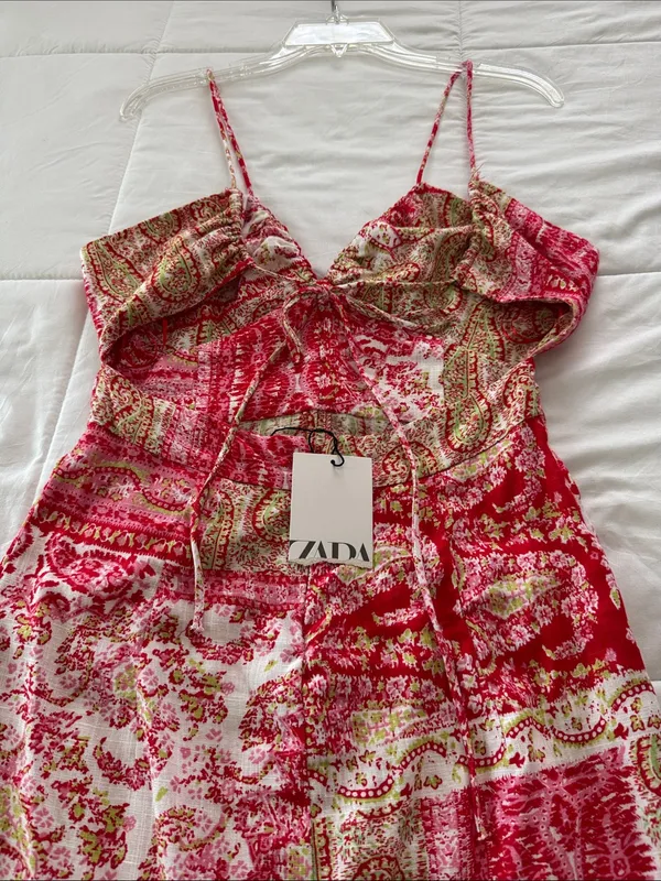 Zara Red Paisley Strapless Maxi Dress with Front Slit size S - Image 5