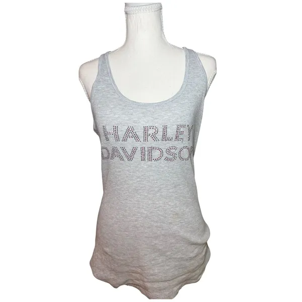 Harley Davidson Tank Top Womens 1XL Gray Rhinestone Logo Racerback Y2K - Image 2
