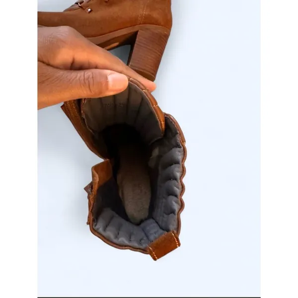 Suede Lace-Up Block Heel Ankle Boots in Tan - Image 6