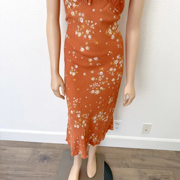 [Nikki Erin] Orange Floral Print Cap Sleeve Peasant Midi Slip Dress Size Large L - Image 8