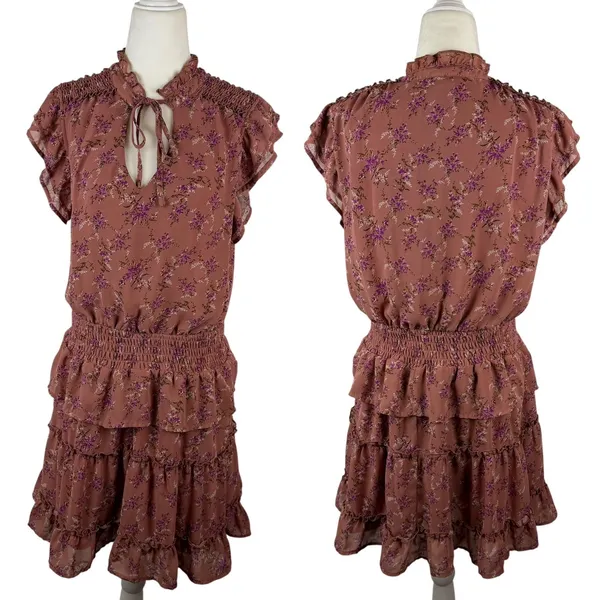 Entro Mauve Floral Smocked Mini Dress Tiered Cottage Boho Romantic Feminine - Image 2