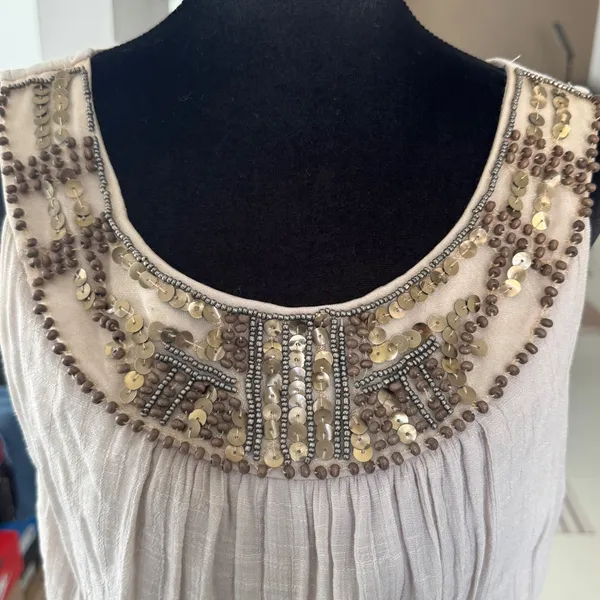 Womens L-XL Taupe Beaded Sequin‎ Neckline Sleeveless Maxi Dress Cowl Back - Image 6