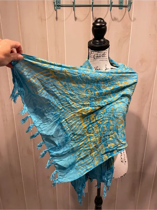 Source Unknown Cute Y2K aqua celestial batik 90s fringe oversized scarf wrap shawl festival - Image 8