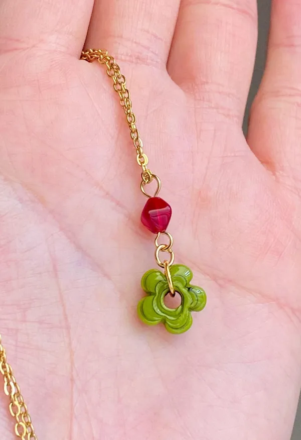 Handmade artisan chunky mini flower glass beads & red Czech glass beads cute fairy cottage chic necklace 💐🩵 - Image 3
