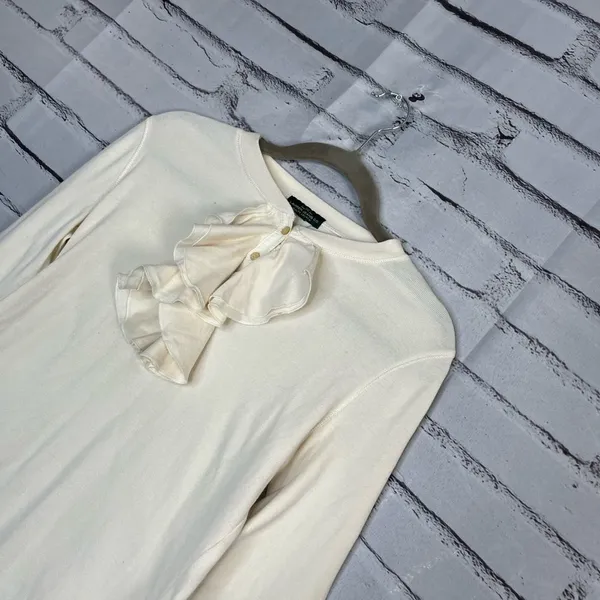 Lauren Jeans Co Ruffle Front ¼-Button Long Sleeve White Top Preppy M Blouse Y2K - Image 7