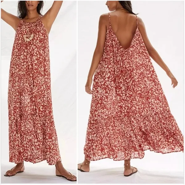 Anthropologie Low Back Flounced Maxi Lounge Dress‎ Size Large Rust Brown Floral - Image 2
