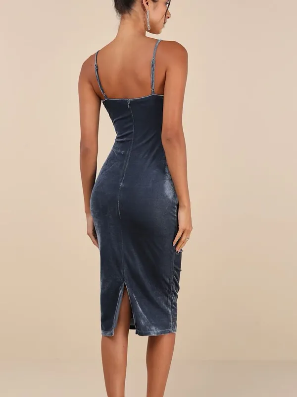 Lulus Plush Personality Slate Blue Velvet Ruched Bodycon Midi Dress Formal - Image 2