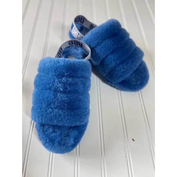 UGG Fluff Yeah Slides Royal Blue Sheepskin Platform Sandals Almost New Womens 7 - Image 10