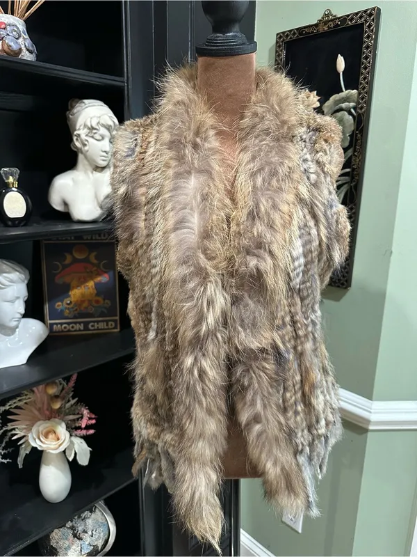 Real Rabbit Fur Vest – Brown Beige Natural Fur – Size M - Image 3