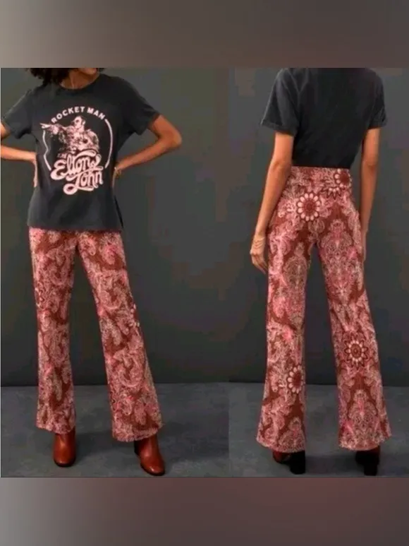 Maeve Anthropologie Maria Pink Paisley Metallic Jacquard Flare Pants Size 0 - Image 10