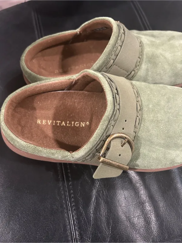 REVITALIGN Olive Green Suede Buckle Clog Mules - Image 5