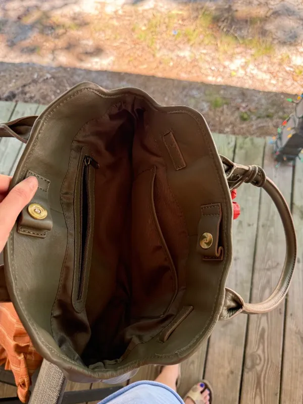Olive Colored Genuine Leather Bag with Cherry Charm Red - Image 4