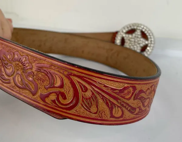 Western Embellished Star Bling Tooled Bonded Leather Belt Sz Large - Image 4