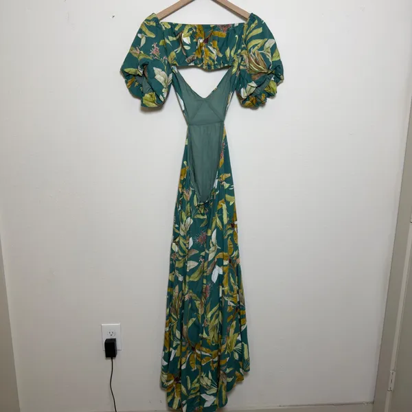 O.P.T. Women Flax‎ Tropical Botanical Puff Sleeve Open Back Dress Party Resort - Image 2