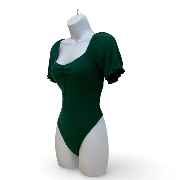 SHEIN Frilled Puff Sleeve Ruched Bust Rib-knit Bodysuit - Image 2