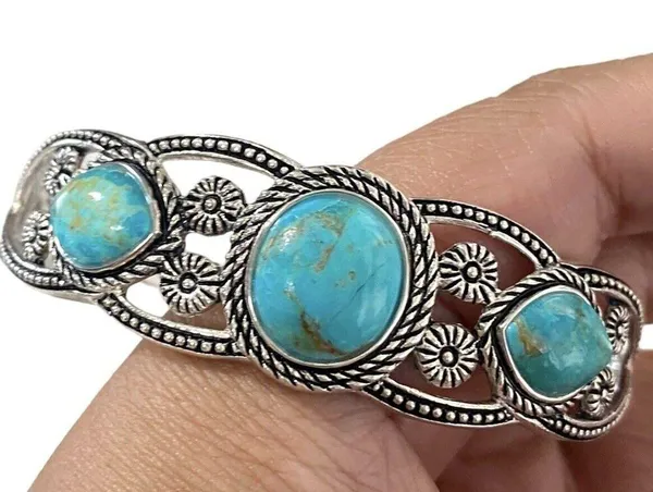 Stauer Triple Turquoise Cuff Open Bangle Silver Bracelet - Image 3