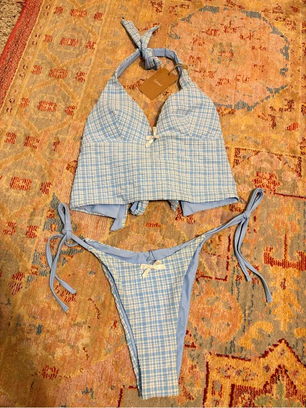Samiol Blue Knitted Plaid Tankini Set Size M - Image 3