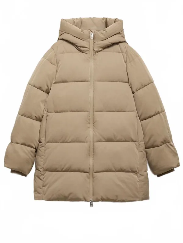 Mango Midi Quilted Anorak with Hood NWT Beige XS - Image 3