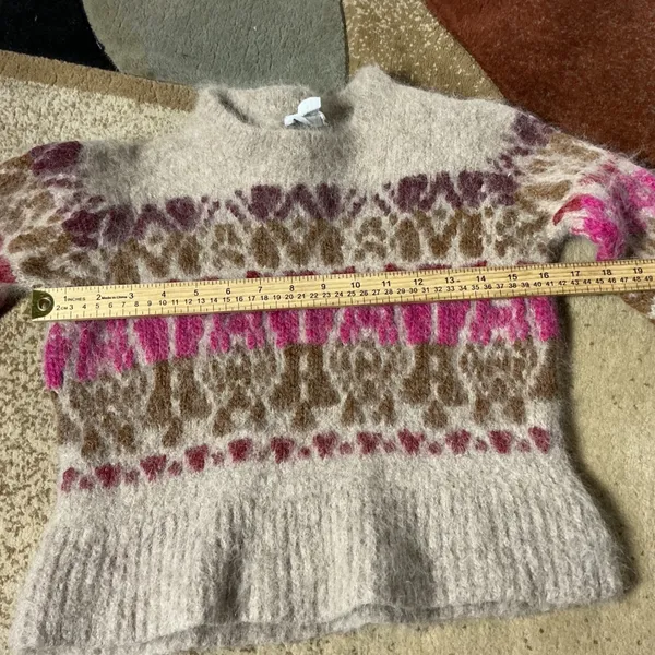 Velvet Graham Spencer Fair Isle Alpaca Sweater Womens XS Beige Pink Boho Fuzzy - Image 3