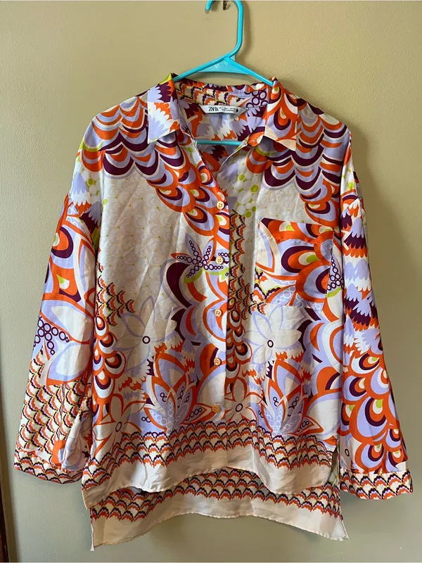 Zara Multicolor Button-Down Blouse — Orange, Purple, Green, White - Image 3
