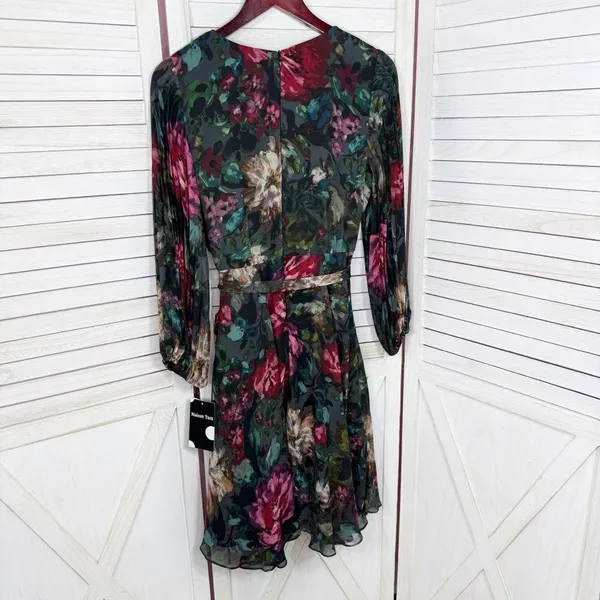 Maison Tara Dark Floral Pleated Sleeve Chiffon Fit Flare Dress Black Multi 10‎ - Image 9