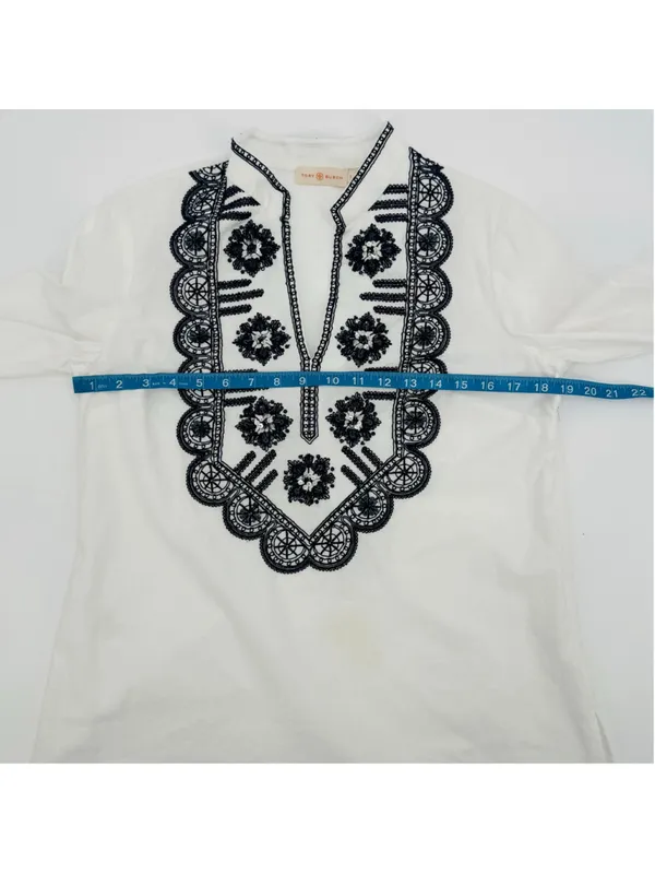 Tory Burch Richa Tunic Top Size 8 White Navy Blue Embroidered - Image 8