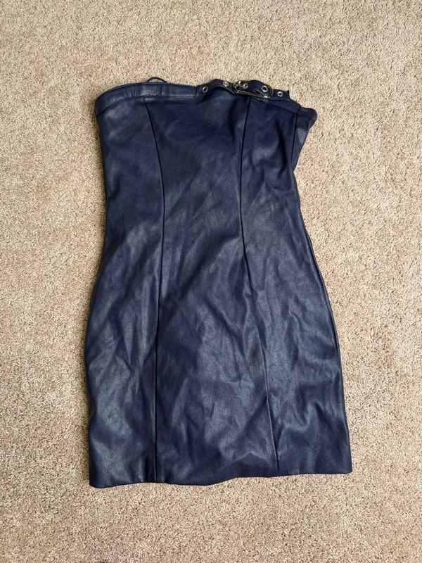 Edikted Navy Blue Faux Leather Mini Dress NWT‎ Size Medium - Image 2
