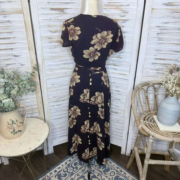 J. CREW VINTAGE Women's 6 Floral Wrap Maxi Dress Flutter Sleeve Brown 90s Y2K - Image 5