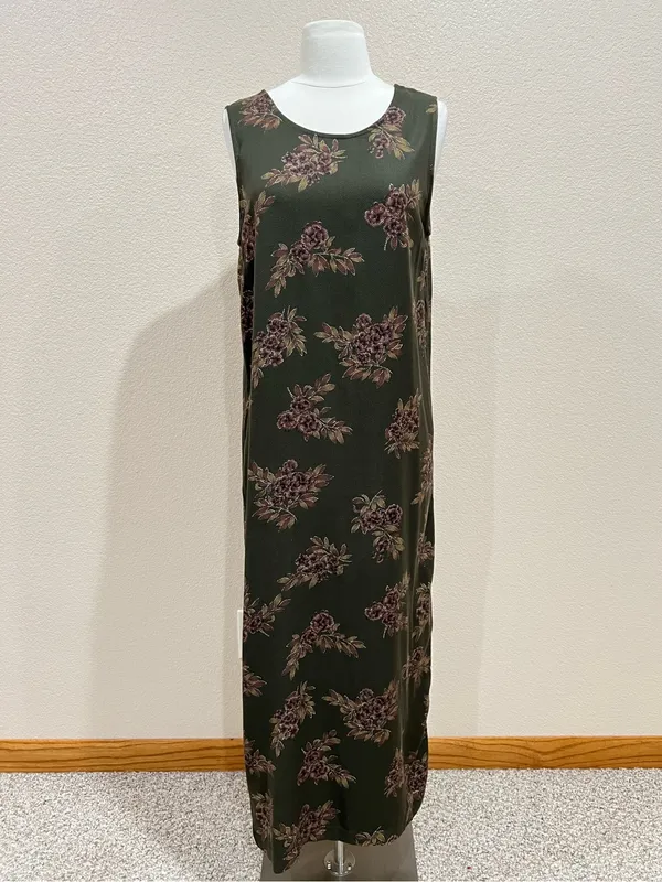 Erika Vintage 90s Two Piece Set Olive Green Floral Maxi Dress & Shacket Sz Small - Image 10