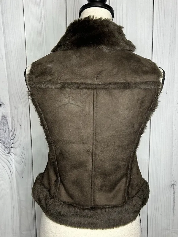 Bebe Faux Fur Suede Vest Womens Sz XS Brown Full Zip Vintage - Image 5