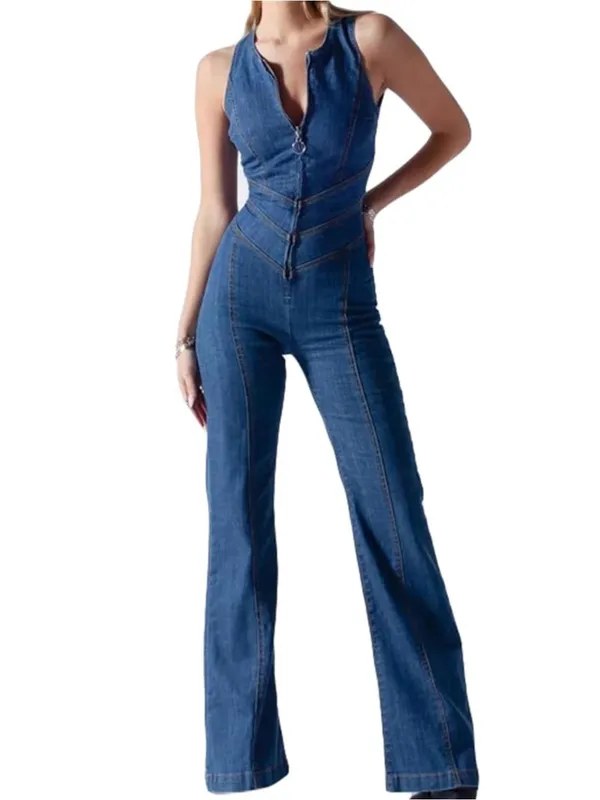 Sleeveless Sexy Blue Denim Jumpsuit Front Zip Slim Fit Retro 70s Flare Size S - Image 16
