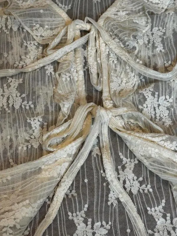 Cream Sheer Lace Tie Front Top Flare Sleeve Cottagecore Renfaire Fairycore - Image 4