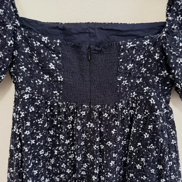 Anthropologie Maeve Navy Lillianne Floral Puff Sleeve‎ Eyelet Mini Dress Size 4 - Image 8