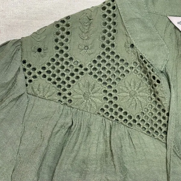 Nanette Lepore | Olive Green Lace Yoke Short Sleeve Top | Large - Image 4