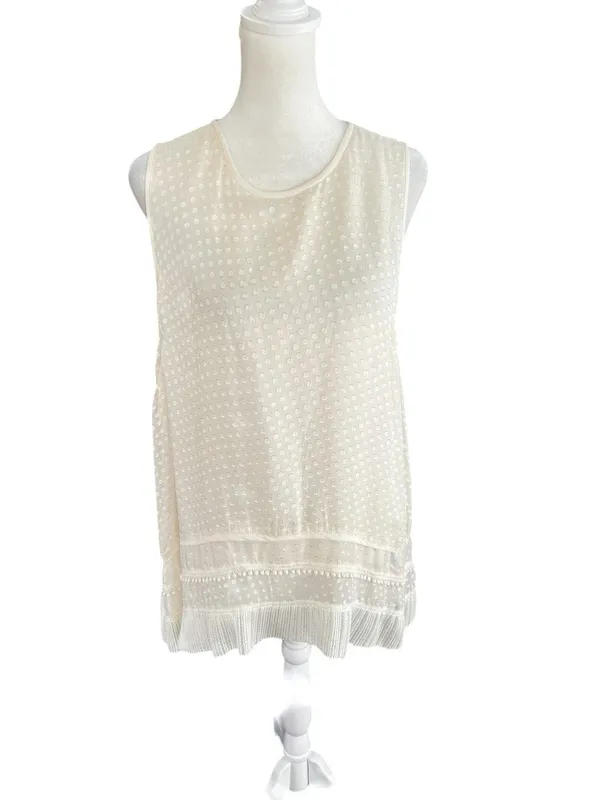 Proenza Schouler Silk Blend Ivory Textured Dot Fringe Sleeveless Blouse Size 10 - Image 2