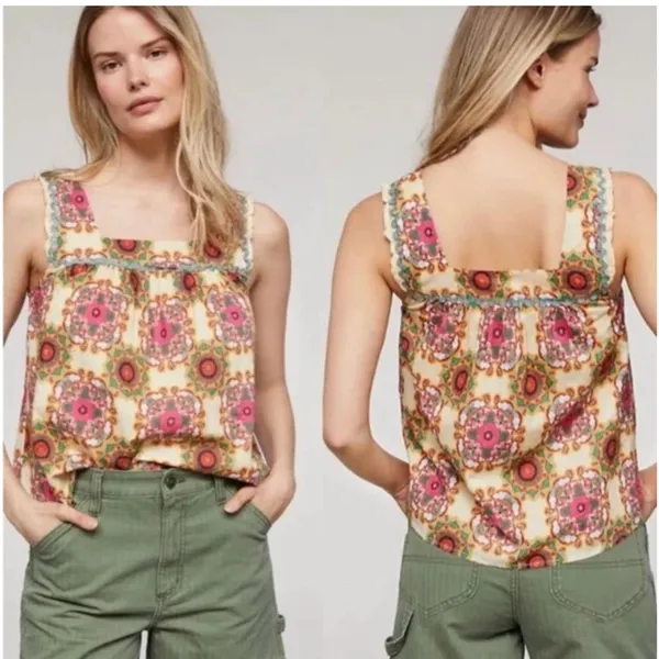Anthropologie Let Me Be Abstract Ruffled Tank Top size 6 - Image 2